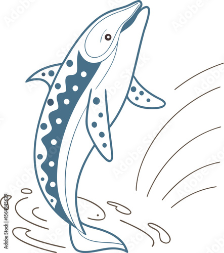 Stylized jumping dolphin with decorative patterns. Vector illustration of a happy marine animal leaping from the water with splashes. Isolated graphic art for a logo or mascot design.
