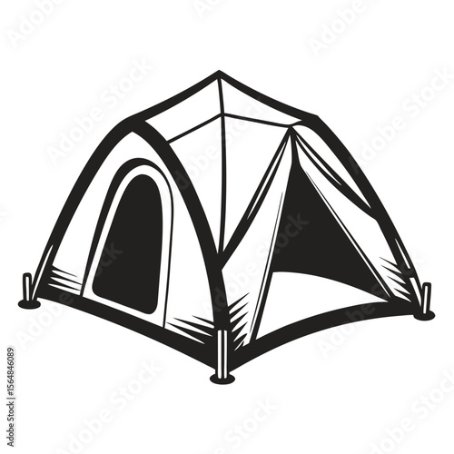 Black and white camping tent vector icon on white background.