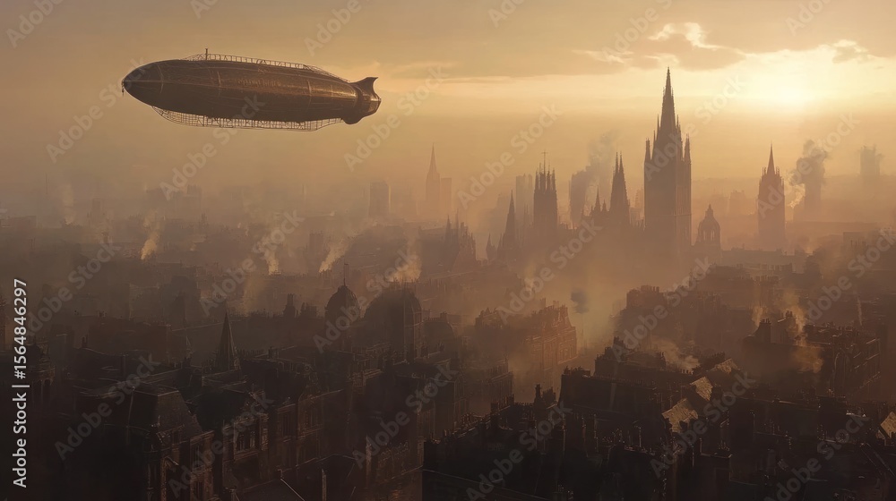 Fototapeta premium Airship over a Steampunk City at Sunrise