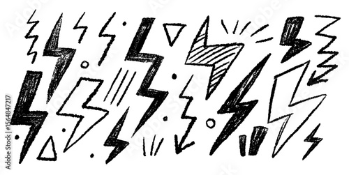 Set of Lightning thunder stroke doodle scribble grunge pencil set. Simple drawing charcoal textured elements.