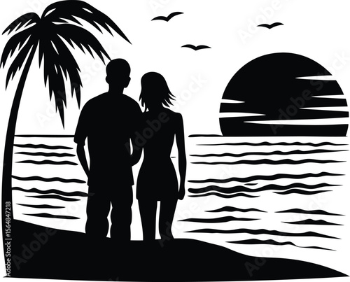 Couple watching Sunset at beach silhouette 