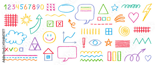 Pencil line kid icons. Crayon hand drawn arrow heart cloud house star frame shape. Kid brush, chalk or pencil vector color element. Doodle sketch texture line and shape. Cute child pastel scribble bg