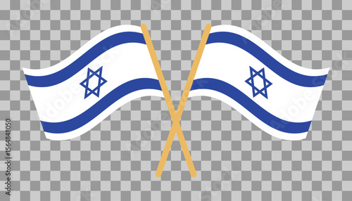 Two waving Israel flags crossed on transparent background
