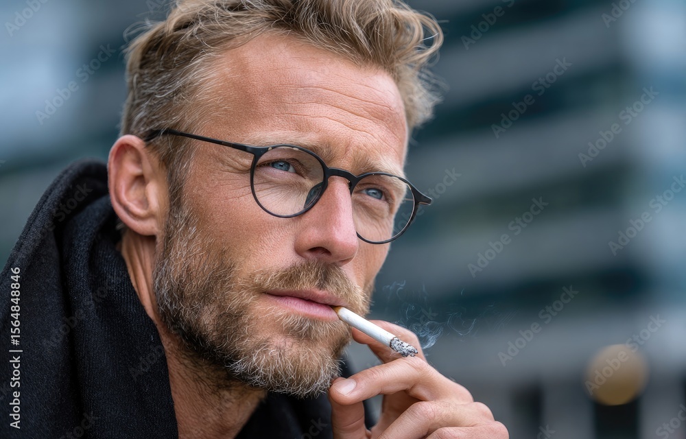 A handsome man in glasses smokes on the street, against modern buildings A handsome man in glasses smokes on the street, against modern buildings