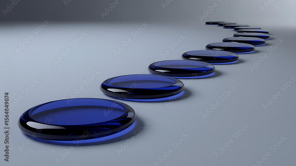 Naklejka premium Path of Progress: A series of smooth, blue glass stepping stones winds its way across a gradient surface, symbolizing a journey toward enlightenment and the pursuit of personal growth.