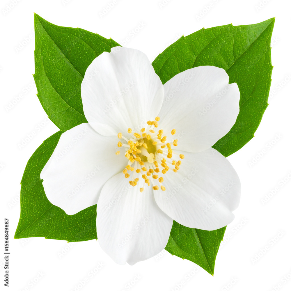Fototapeta premium Fresh Jasmine Flower with Green Leaves and Natural Shadow, Single Top View, Transparent Background
