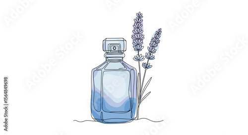 Blue perfume bottle with lavender – one line doodle drawing with watercolor fill, minimalistic vector illustration on white background