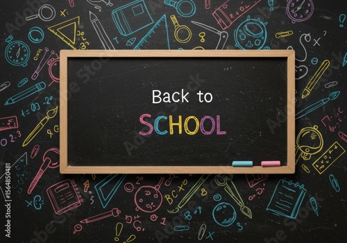 Back to school concept with school supplies, books, and chalkboard background. Education-themed flat lay for new academic year and learning inspiration.
