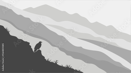Vector Grayscale image features bird perched rocky ledge, surrounded by soft, flowing mountain