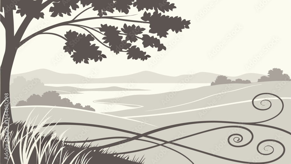 Fototapeta premium Vector Serene abstract landscape features soft neutral tones, showcasing tree and flowing lines