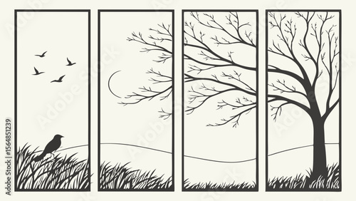 Vector Minimalist artwork features four panels depicting nature scenes with birds, trees, and grass