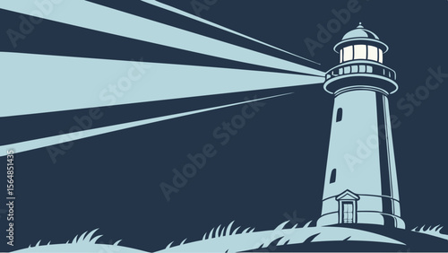 Vector Lighthouse stands tall, casting bright beams of light across dark ocean, guiding ships safely