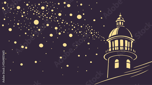Vector Lighthouse silhouette shines brightly against transparency background filled with scattered