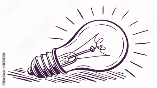 Vector Glowing light bulb with dark outline radiates creativity and inspiration