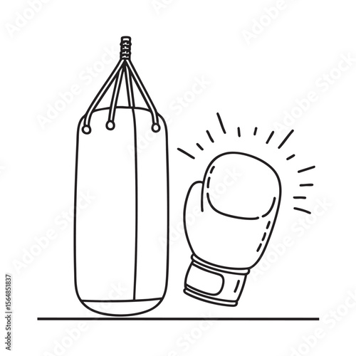 A glove held up in uppercut form close to a boxing bag