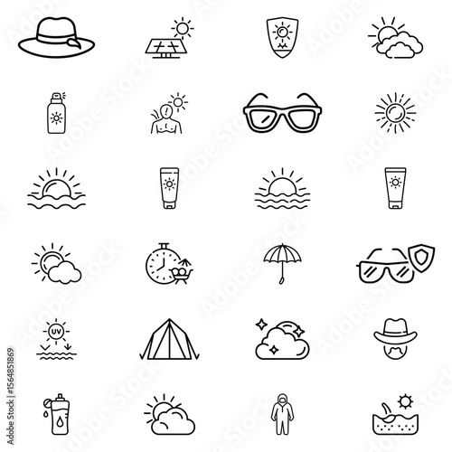 Collection of summer vacation related icons including sun protection and beach accessories line art
