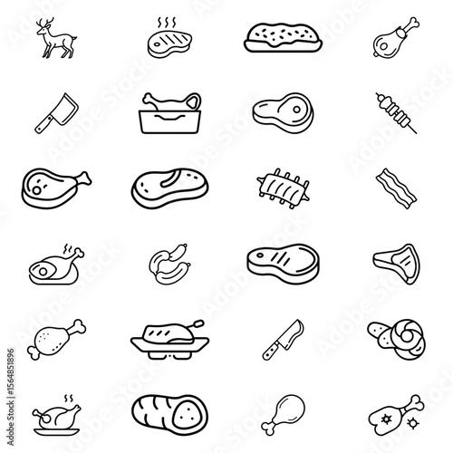 Illustration of various meats including steak chicken ribs bacon sausage and a deer in black and white