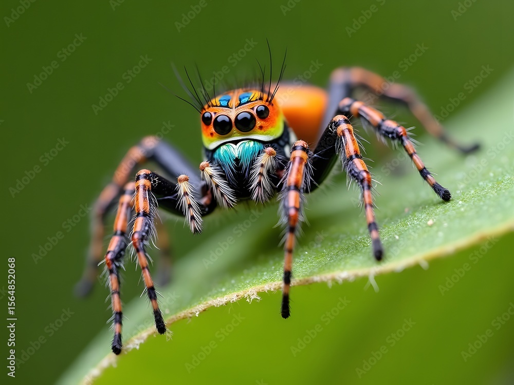 Fototapeta premium Colorful Jumping Spider on Green Leaf – Macro Photography