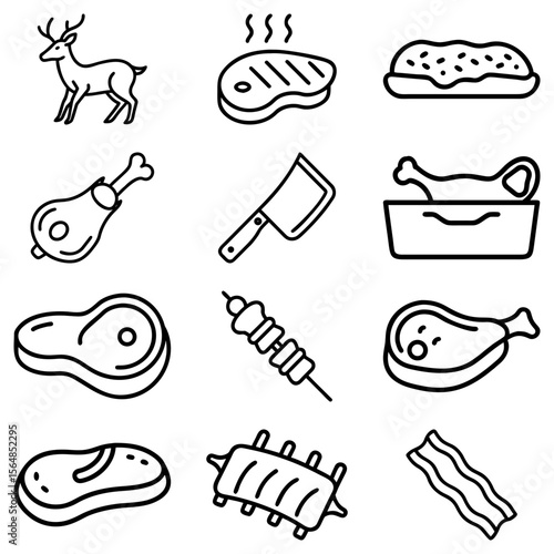 Illustration of various meat products including steak, ribs, bacon, and a deer in black and white