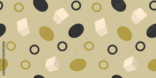 Hand Drawn Cheese cubes and Various Olives Seamless Pattern Banner Format Healthy Food Backdrop idea
