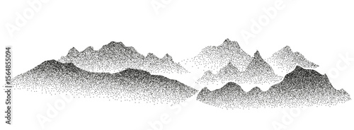 Noisy stippled grainy texture glacier landscape. Grain stippled mountains landscape. Vector illustration in black dotted particle terrain, stippling peak, rock or volcano silhouettes.