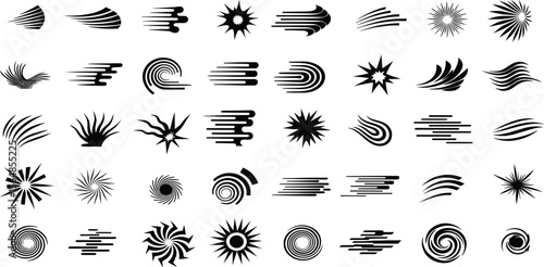 line movement element vector set, comic speed lines, motion lines, dynamic effect, manga action elements, swoosh, burst, swirl, impact stroke, motion streaks, anime style, expressive sketch curve ink