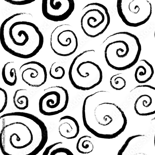 Seamless pattern with black spirals, swears and curves on white background