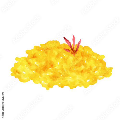 a painting of a pile of yellow rice with a sprig of sage