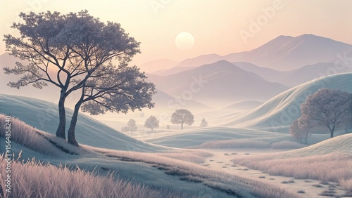 Majestic mountain landscape at sunrise or sunset, featuring a serene winter scene with snow-covered trees, dramatic clouds, and a golden skyMajestic mountain landscape at sunrise or sunset, featuring 