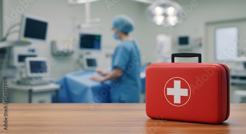 Red first-aid kit on a wooden table in a medical Facility essential red first aid kit in a medical setting, symbolizing emergency preparedness and safety.