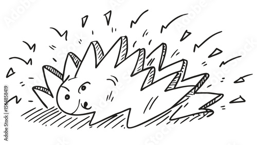 Illustration of a cartoon hedgehog with spiky quills and a winking eye on a hatched ground surface