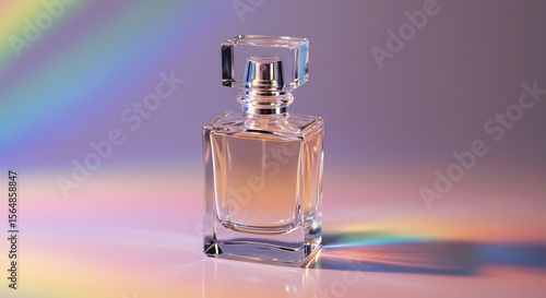 A clear glass perfume bottle, beautifully lit with iridescent light Prismatic glass perfume bottle, a modern design illuminated by colorful light, conveying elegant beauty
