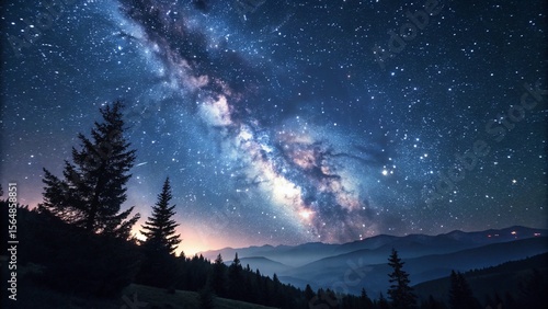 Mountain landscape at dawn with a starry sky, trees, and soft blue light over the winter forest horizon