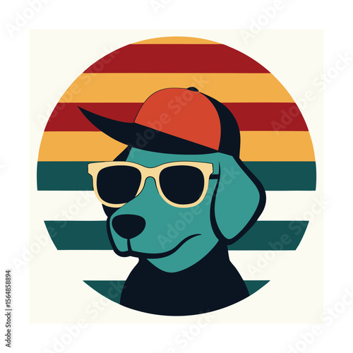 Dog in Cap and Sunglasses on Vintage Sunset