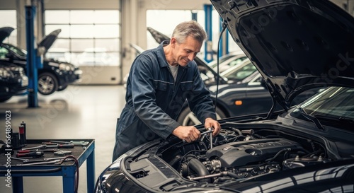 A smiling mechanic works on a car engine with the hood open in a garage setting.