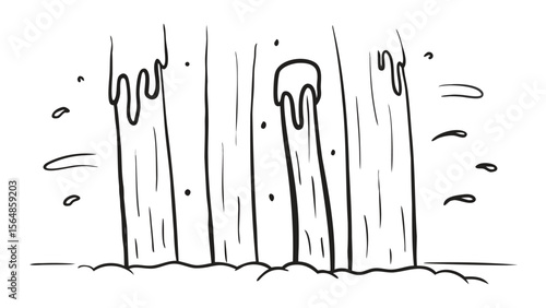 Illustration of a waterfall with dripping water and splashes in a simple black and white drawing style