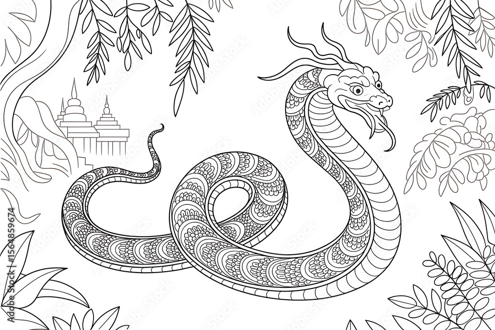 Obraz premium Ornate snake, mythical creature, jungle setting. 