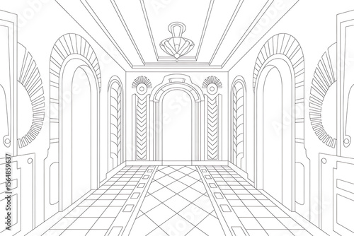Ornate hallway with arched doorways and decorative ceiling.
