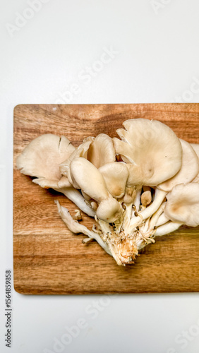 Oyster mushrooms bloom like forest whispers on rustic wood, perfect for a mycological feast or Mushroom Day celebration