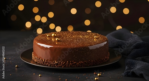 Chocolate cake with golden glitter on a dark surface.Elegant chocolate cake featuring a rich glaze and festive gold dusting, ideal for special occasions