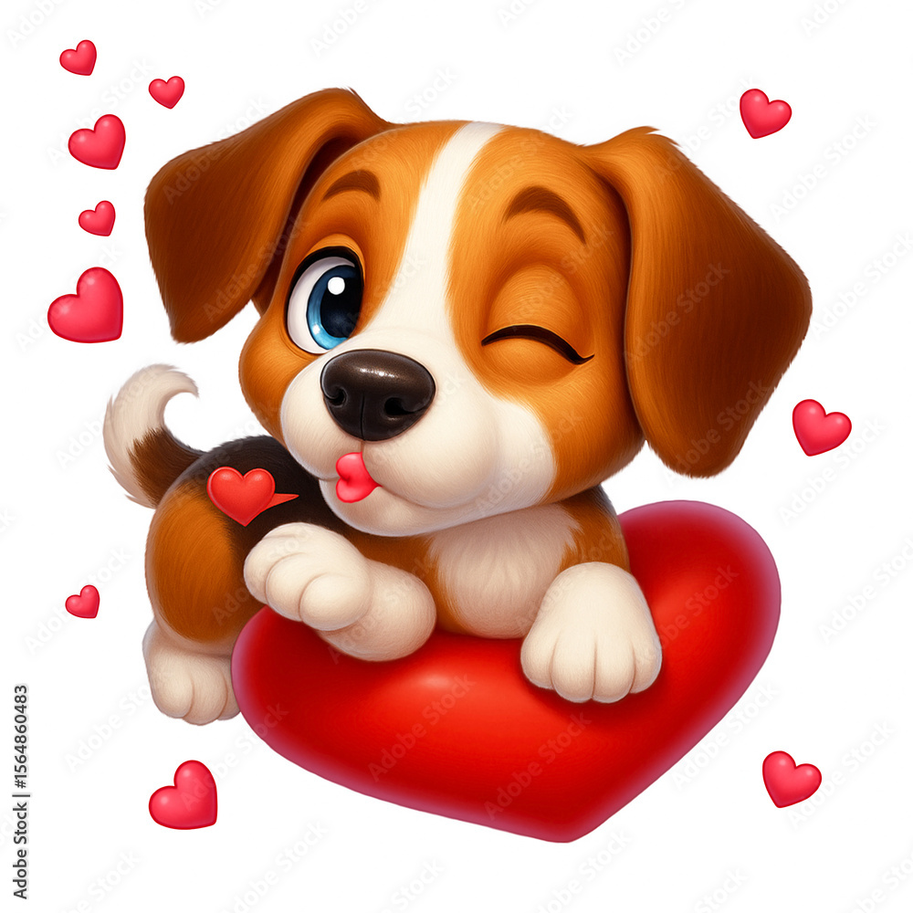Naklejka premium Cute beagle lying on a heart and sending an air kiss, Valentine's Day theme, for greeting cards and children's illustrations