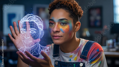 Woman holds holographic face, a digital art concept.
