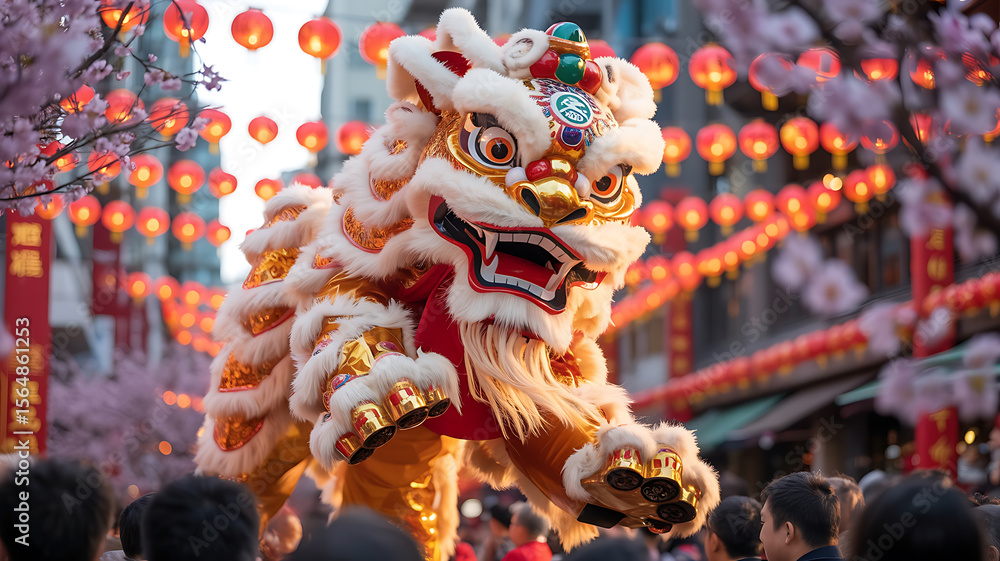 Fototapeta premium A golden lion dance costume, amidst festive red decorations. 