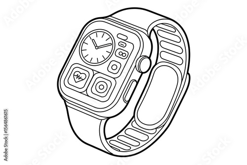 A smart watch, digital display, and band.

