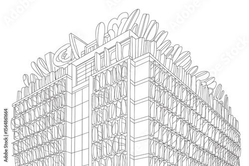 Towering building, covered in stylized text.
