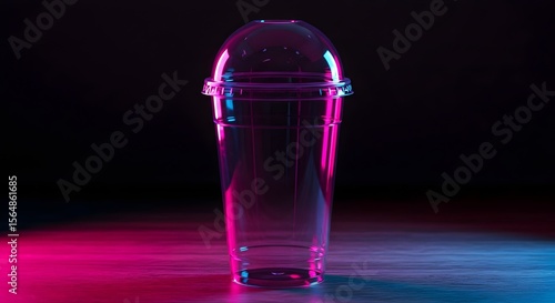 Vibrant plastic tumbler against a dark background Sleek, empty plastic cup glowing with vibrant blue and pink neon light, ideal for futuristic product photography.