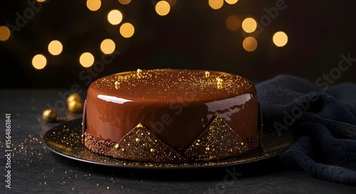 Chocolate cake with golden glitter on a dark surface.Festive, elegant chocolate cake with gold edible glitter, capturing a luxurious celebratory mood