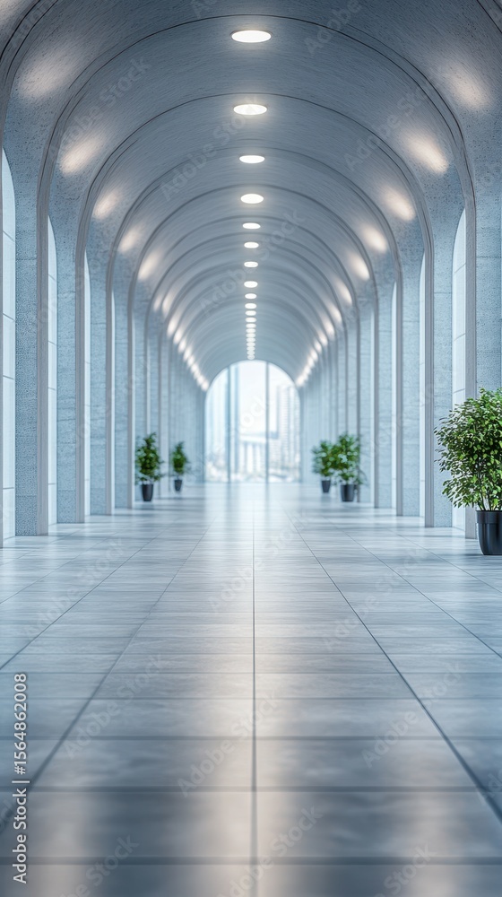 Elegant architectural hallway with arches and plants in bright, airy environment during daytime Elegant architectural hallway with arches and plants in bright, airy environment during daytime