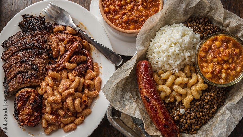 Obraz premium Indulgent barbecue feast with ribs sausage and sides