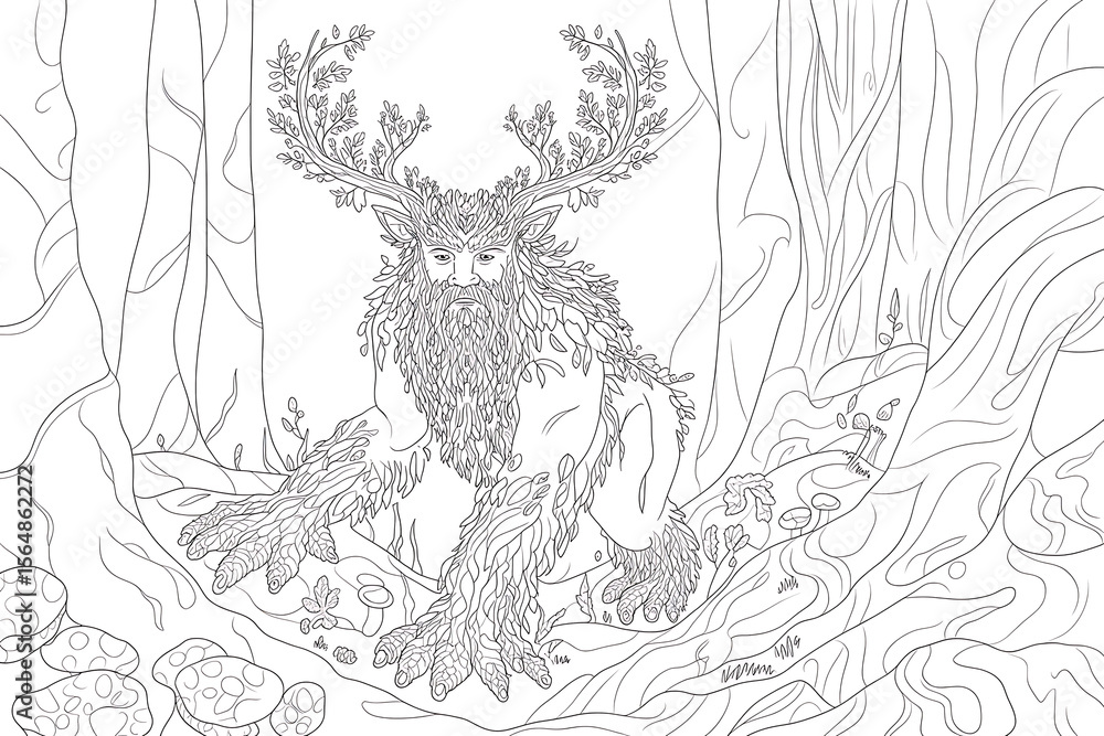 Obraz premium Forest creature with antlers and leafy limbs.